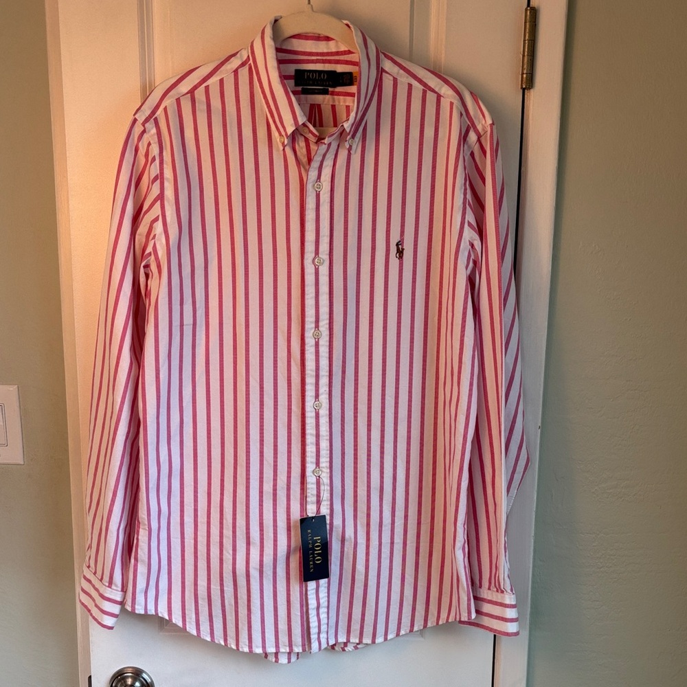 NWT Polo Ralph Lauren Shirt Men's Large Pink Striped Long Sleeve Button Down